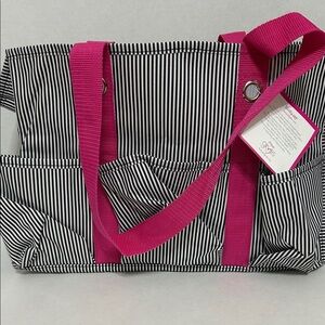 thirty-one Black & White Striped Tote with Hot Pink Straps